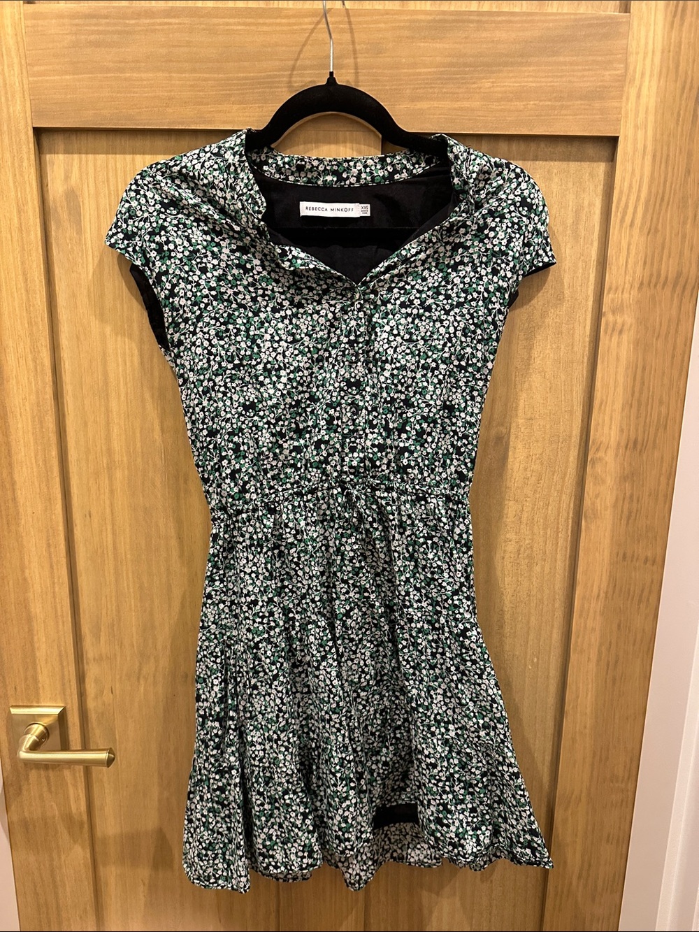Rebecca Minkoff Black and Green Floral Cap-Sleeve Mini Dress